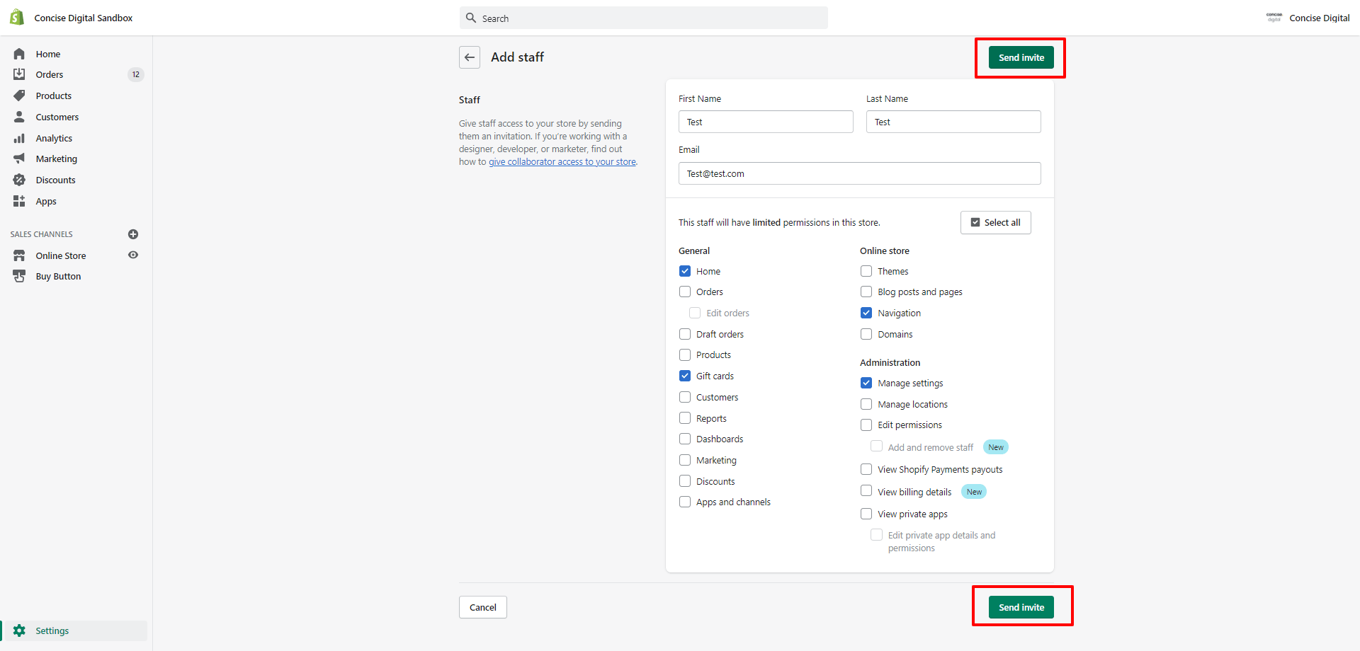 How to add staff account to Shopify step 4